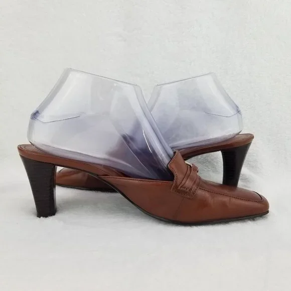 ✅Womens 7.5M Michelle D Brown Leather 3" Heeled Mules Slides D-Ring Strap Accent - Picture 12 of 13